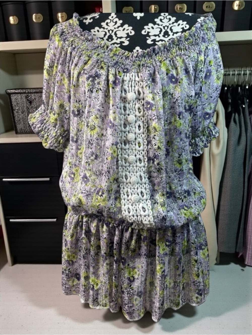 XOXO Floral Purple Smocked Puff Sleeve Blouse Off The Shoulder  Size M Women’s​